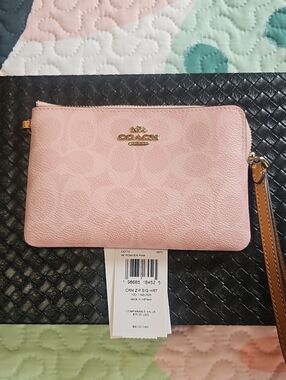 Coach Pink Signature Zip Wristlet with Tan Strap